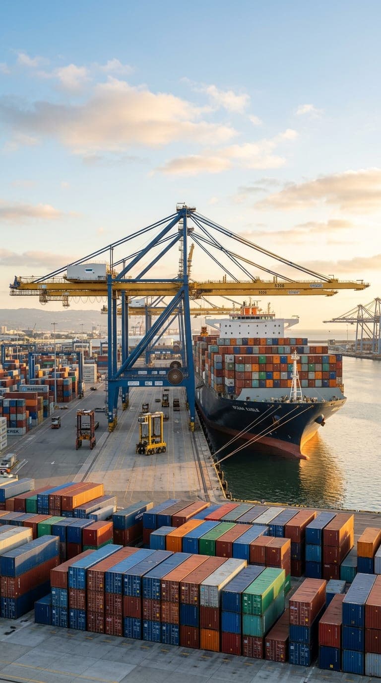 Container terminal at golden hour, with a ship-to-shore gantry crane working a berthed container vessel above stacked containers.